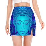 Blue Buddha Print Side Slit Mini Skirt