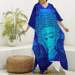 Blue Buddha Print Silk V-Neck Kaftan Dress