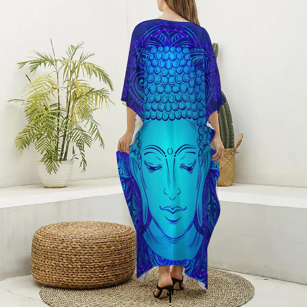 Blue Buddha Print Silk V-Neck Kaftan Dress