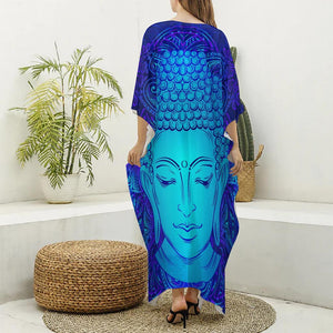 Blue Buddha Print Silk V-Neck Kaftan Dress