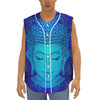 Blue Buddha Print Sleeveless Baseball Jersey