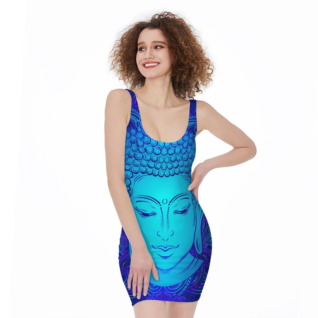 Blue Buddha Print Sleeveless Bodycon Dress