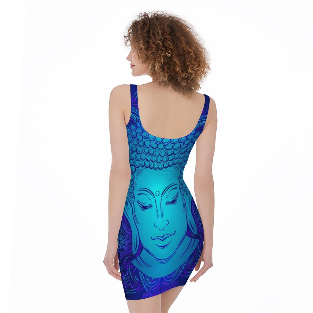 Blue Buddha Print Sleeveless Bodycon Dress