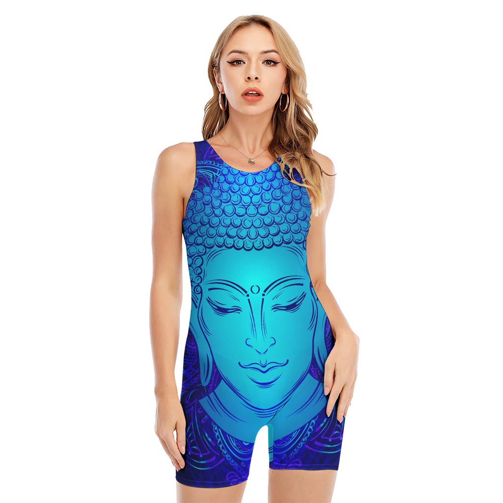 Blue Buddha Print Sleeveless One Piece Swimsuit