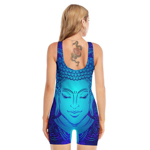 Blue Buddha Print Sleeveless One Piece Swimsuit