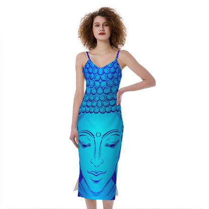 Blue Buddha Print Slim Fit Midi Cami Dress