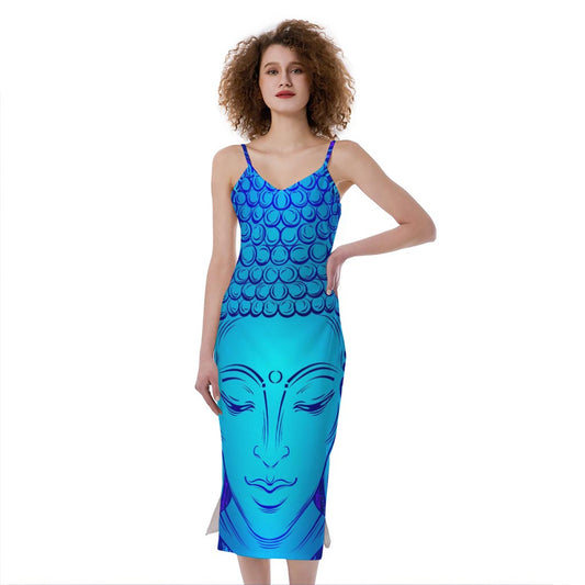 Blue Buddha Print Slim Fit Midi Cami Dress