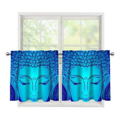 Blue Buddha Print Tier Curtains