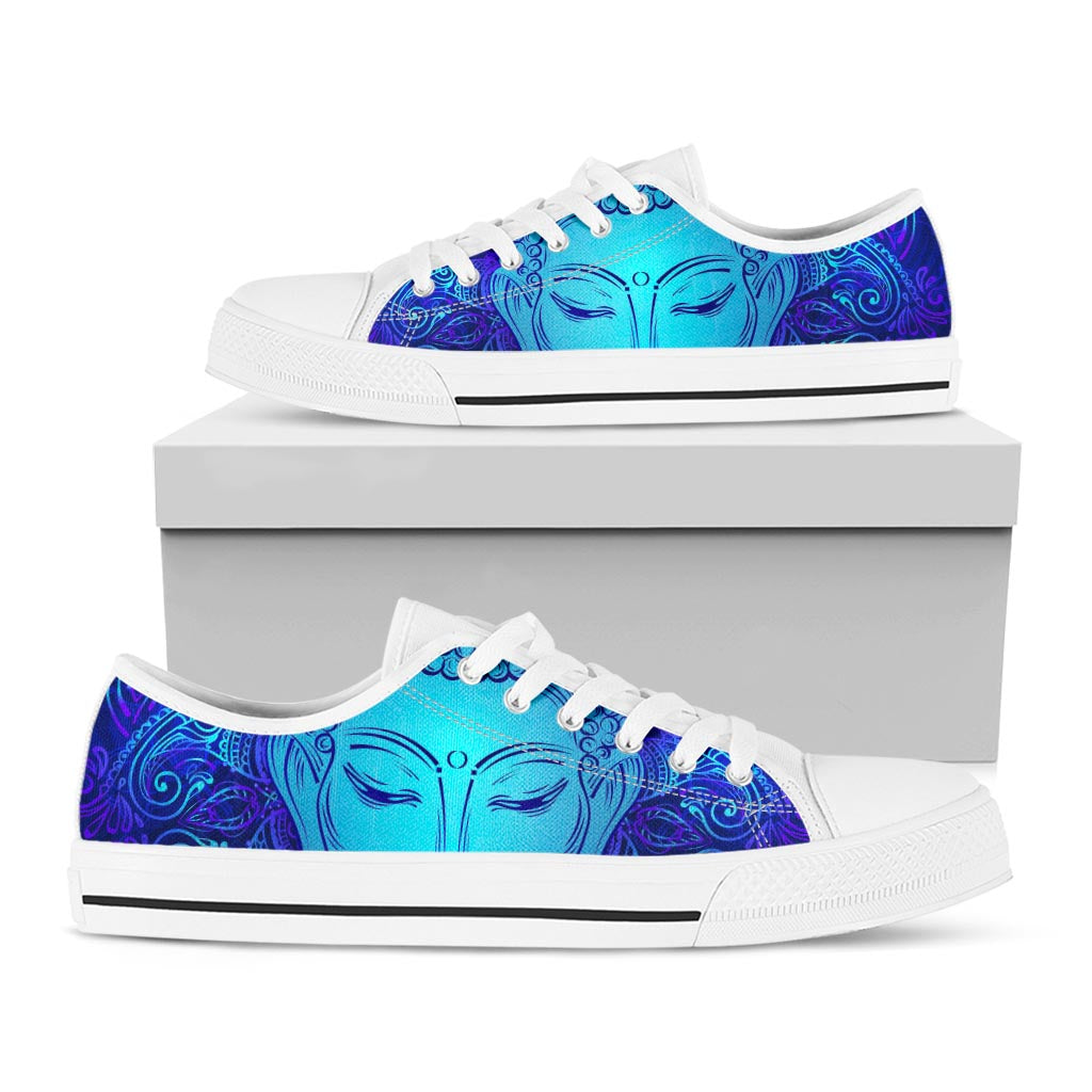 Blue Buddha Print White Low Top Sneakers