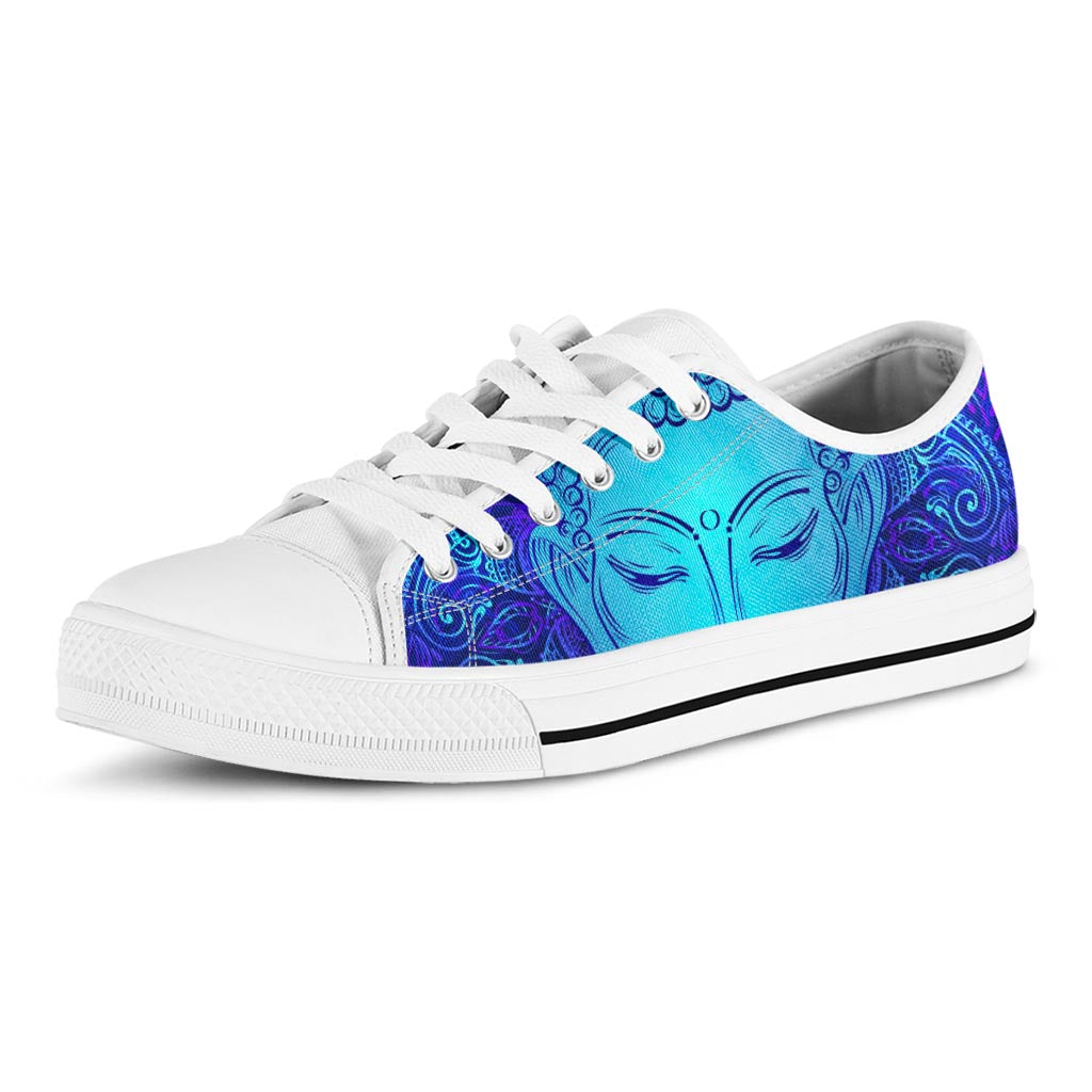 Blue Buddha Print White Low Top Sneakers