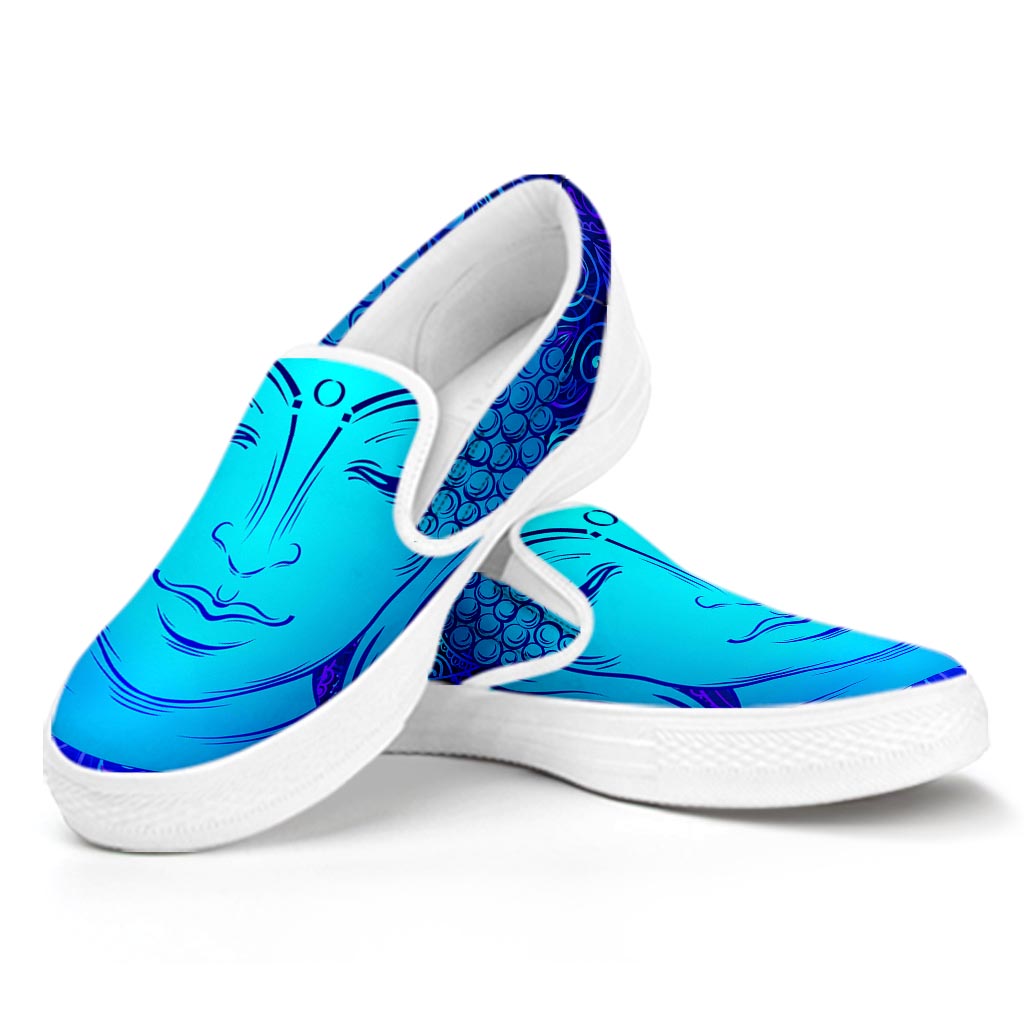 Blue Buddha Print White Slip On Sneakers