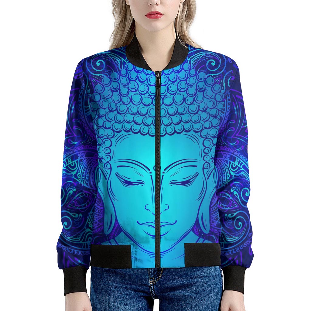 Blue Buddha Print Women's Bomber Jacket