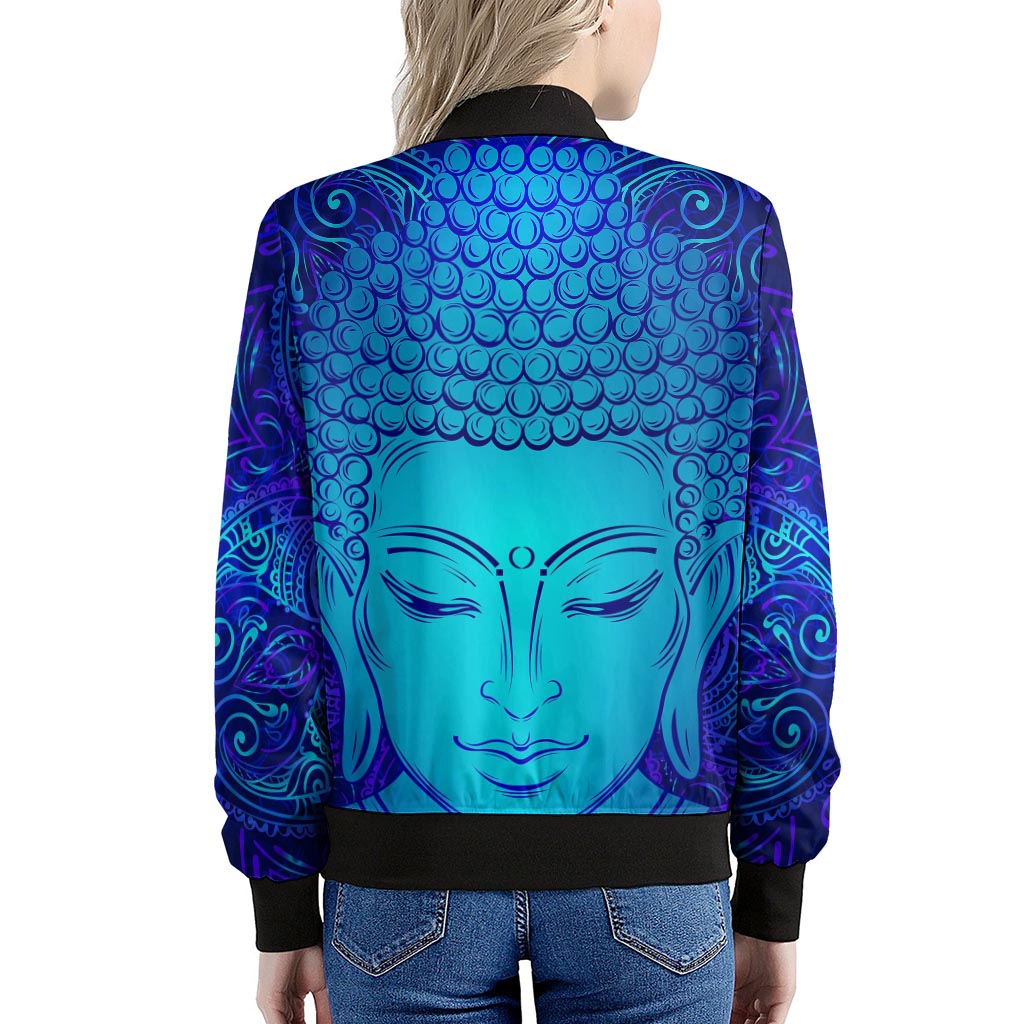 Blue Buddha Print Women's Bomber Jacket