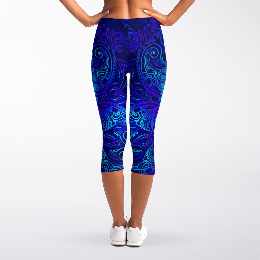 Blue Buddha Print Women's Capri Leggings