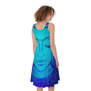 Blue Buddha Print Women's Sleeveless Dress