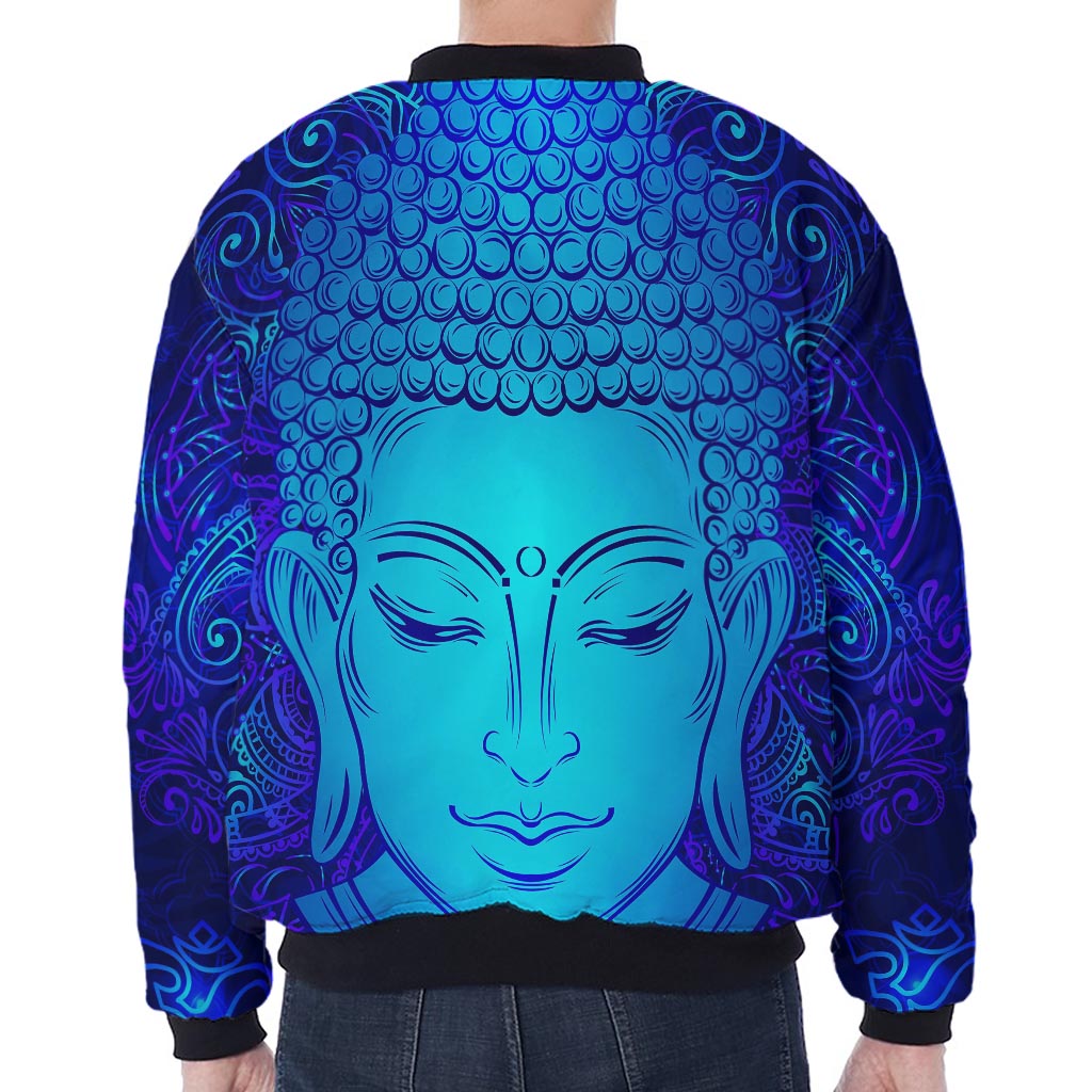 Blue Buddha Print Zip Sleeve Bomber Jacket