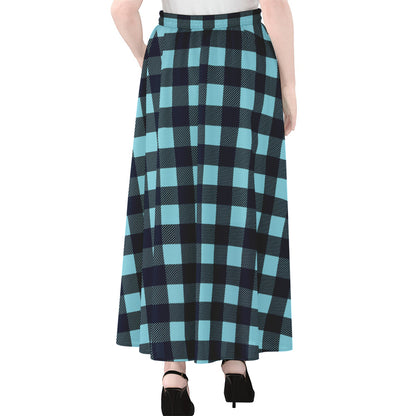 Blue Buffalo Check Pattern Print Chiffon Maxi Skirt