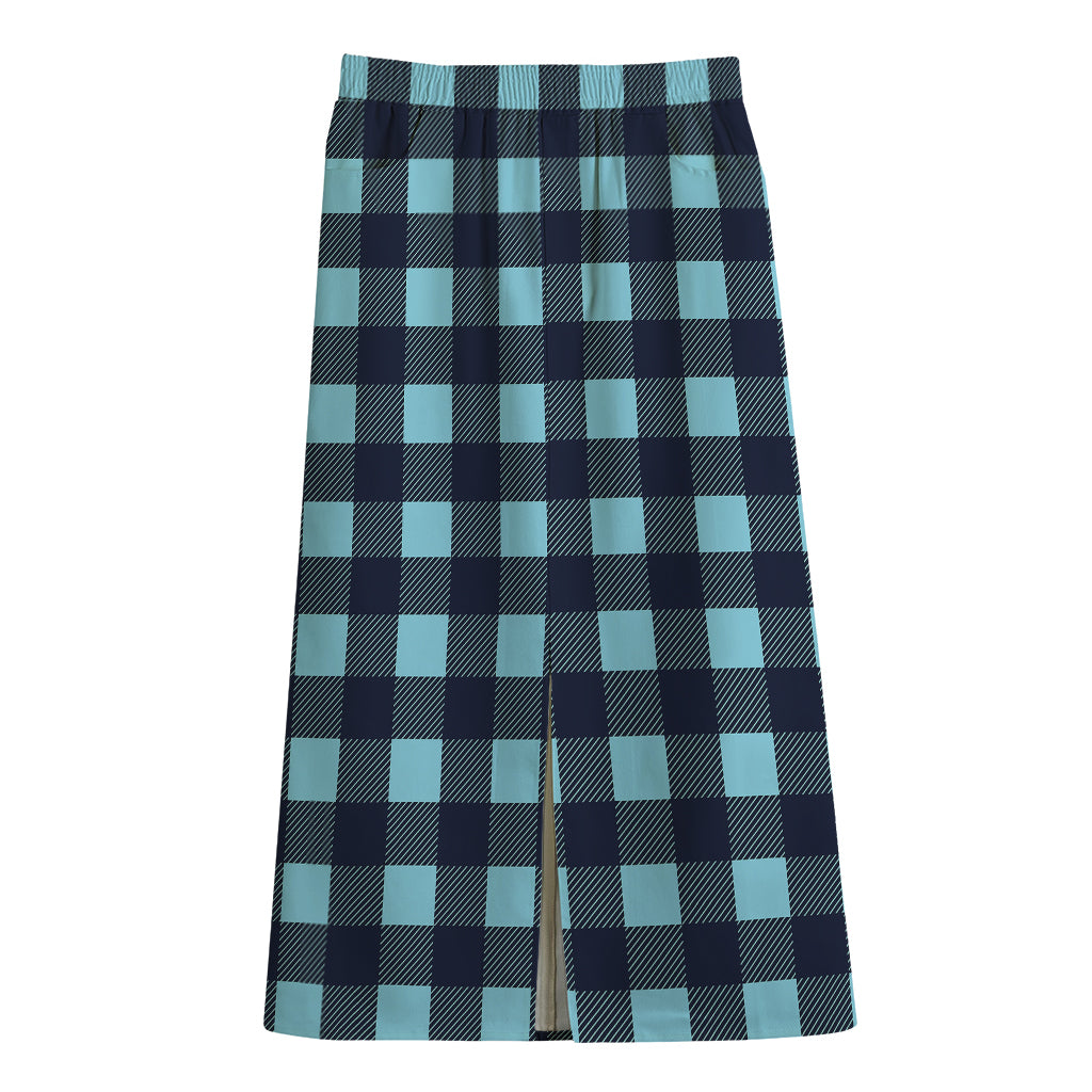 Blue Buffalo Check Pattern Print Cotton Front Slit Maxi Skirt
