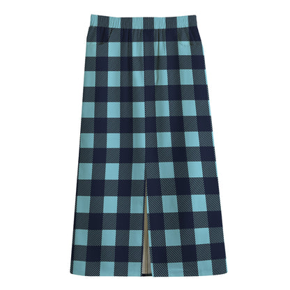 Blue Buffalo Check Pattern Print Cotton Front Slit Maxi Skirt