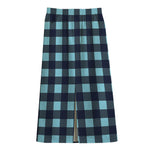 Blue Buffalo Check Pattern Print Cotton Front Slit Maxi Skirt