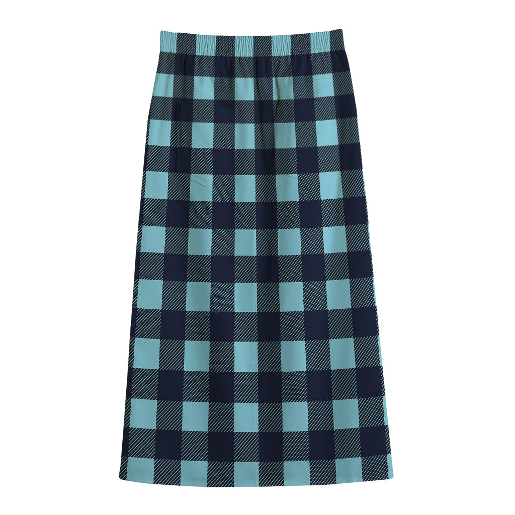 Blue Buffalo Check Pattern Print Cotton Front Slit Maxi Skirt