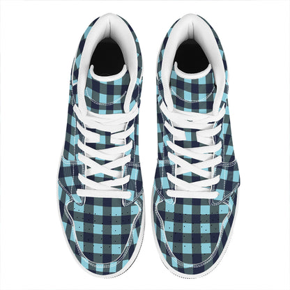 Blue Buffalo Check Pattern Print High Top Leather Sneakers