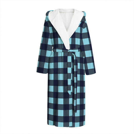 Blue Buffalo Check Pattern Print Hooded Bathrobe
