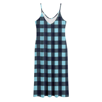 Blue Buffalo Check Pattern Print Jersey Midi Cami Dress