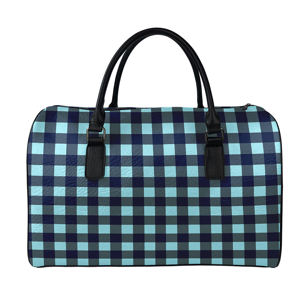 Blue Buffalo Check Pattern Print Leather Duffle Bag