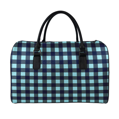 Blue Buffalo Check Pattern Print Leather Duffle Bag