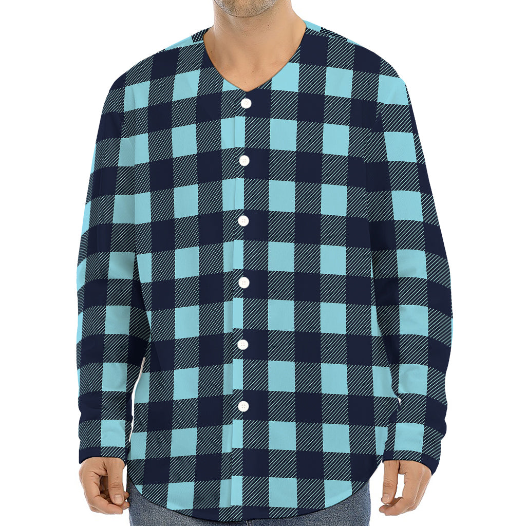 Blue Buffalo Check Pattern Print Long Sleeve Baseball Jersey