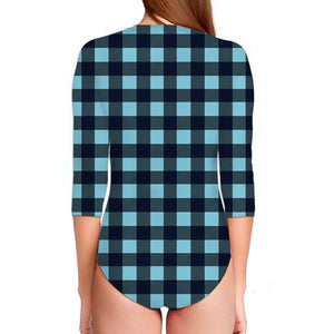 Blue Buffalo Check Pattern Print Long Sleeve Swimsuit