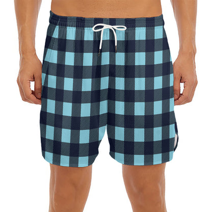 Blue Buffalo Check Pattern Print Men's Split Running Shorts