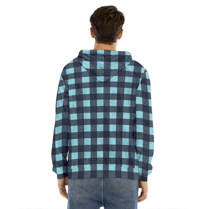 Blue Buffalo Check Pattern Print Men's Velvet Pullover Hoodie
