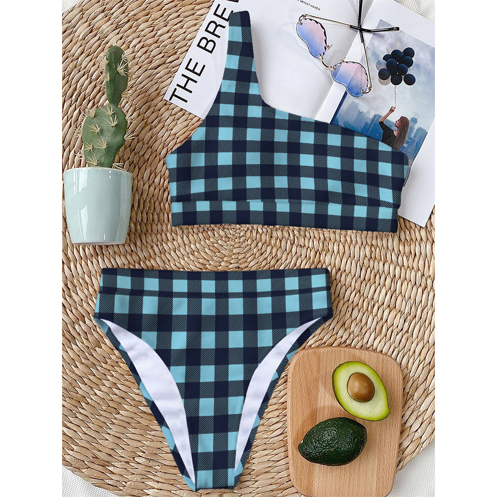 Blue Buffalo Check Pattern Print One Shoulder Bikini Top