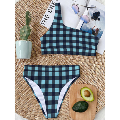 Blue Buffalo Check Pattern Print One Shoulder Bikini Top