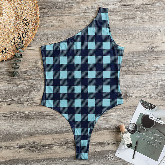Blue Buffalo Check Pattern Print One Shoulder Bodysuit
