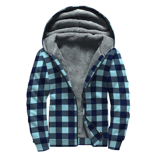 Blue Buffalo Check Pattern Print Sherpa Lined Zip Up Hoodie