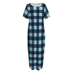 Blue Buffalo Check Pattern Print Short Sleeve Long Nightdress