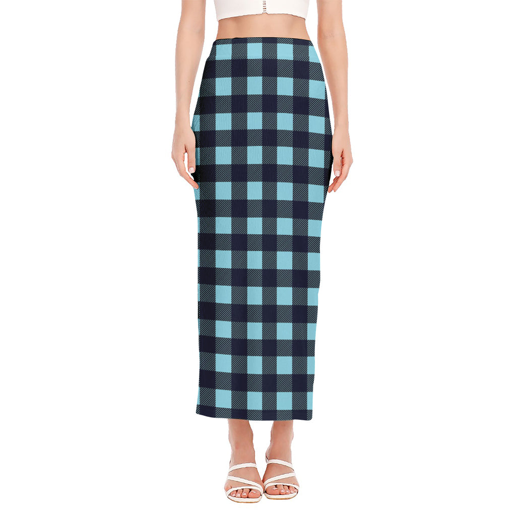 Blue Buffalo Check Pattern Print Side Slit Maxi Skirt