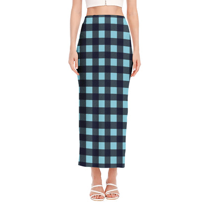 Blue Buffalo Check Pattern Print Side Slit Maxi Skirt