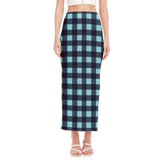 Blue Buffalo Check Pattern Print Side Slit Maxi Skirt