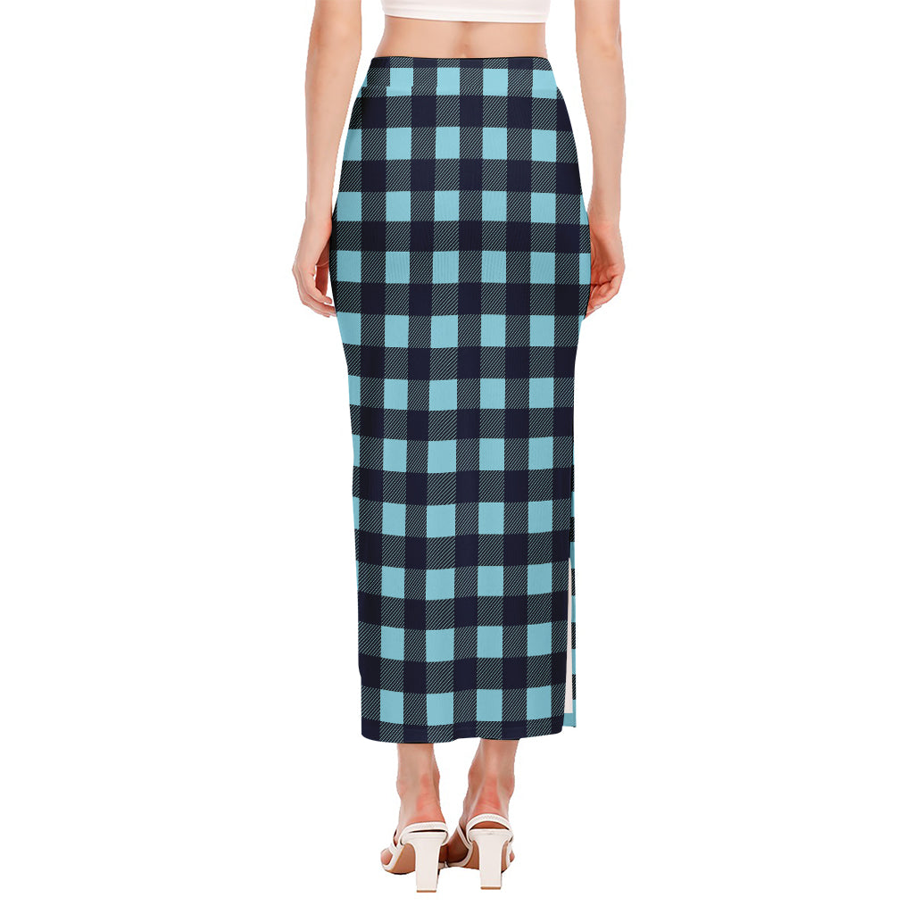 Blue Buffalo Check Pattern Print Side Slit Maxi Skirt