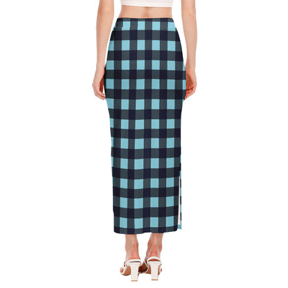Blue Buffalo Check Pattern Print Side Slit Maxi Skirt