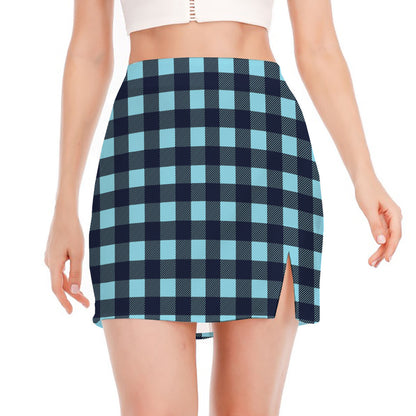 Blue Buffalo Check Pattern Print Side Slit Mini Skirt