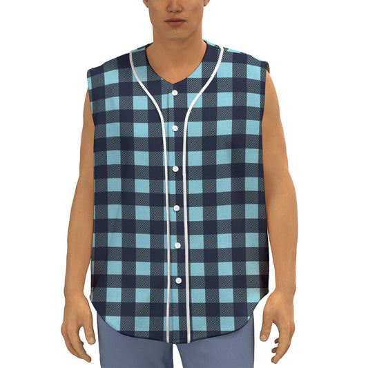 Blue Buffalo Check Pattern Print Sleeveless Baseball Jersey