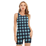 Blue Buffalo Check Pattern Print Sleeveless One Piece Swimsuit