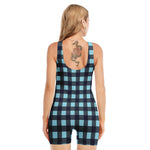 Blue Buffalo Check Pattern Print Sleeveless One Piece Swimsuit