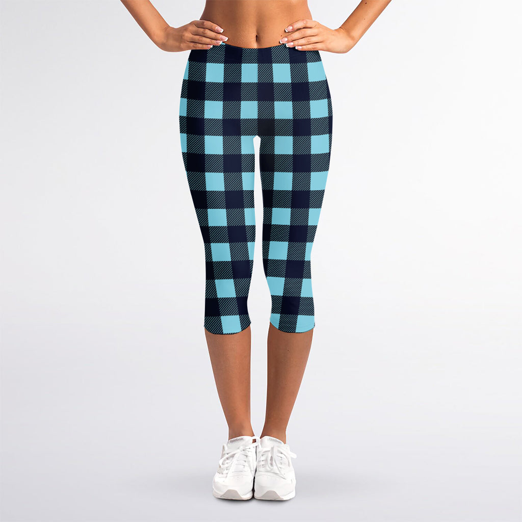 Blue Buffalo Check Pattern Print Women's Capri Leggings