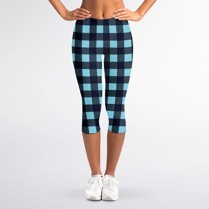 Blue Buffalo Check Pattern Print Women's Capri Leggings